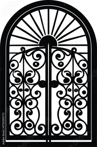 Ornate wrought iron door with intricate floral scrollwork design