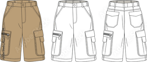 Men cargo shorts technical drawing, front and back view, khaki pocket design, fashion flat sketch, casual apparel vector template, clothing illustration