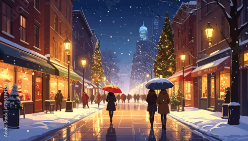 Festive snowy street with people holding umbrellas and Christmas trees. Winter street decorated for Christmas with umbrellas and snow. Snow-covered street with umbrellas and holiday decorations