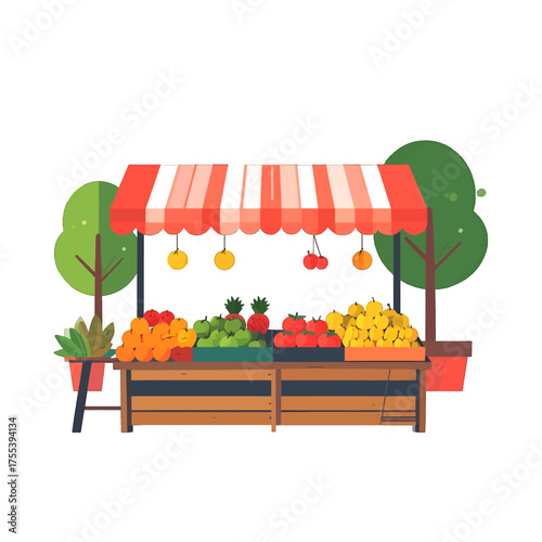Pixelated Fruit Stand with Red and White Awning Over Fresh Produce in a Park Setting with Green Trees and Bright Lighting