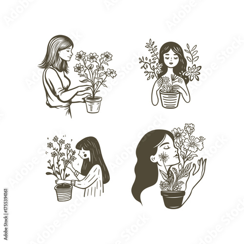 Set of four gentle hand-drawn illustrations featuring women nurturing, holding, or smelling potted flowers