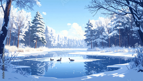 Swans on icy lake surrounded by winter trees in peaceful scene. Snowy winter lake with swans on the ice and frosty trees. Tranquil winter scene with swans on frozen water and snowy forest.