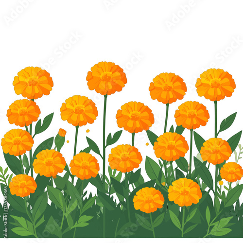 Vibrant Orange Marigolds Pixel Art on White Background with Green Foliage and Sunny Atmosphere for Garden Illustration and Botanical Designs