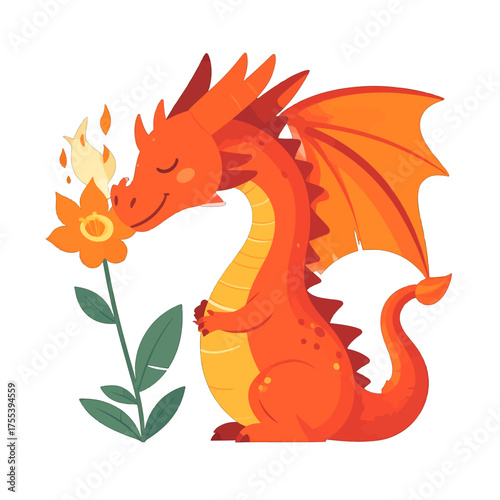 Cute Orange Dragon Smelling a Yellow Flower with Flames on White Background