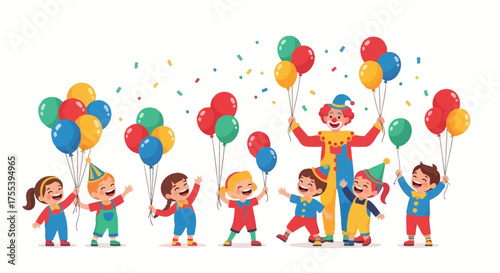 Cheerful Children Celebrating With Balloons And A Clown Personifying Pure Joy