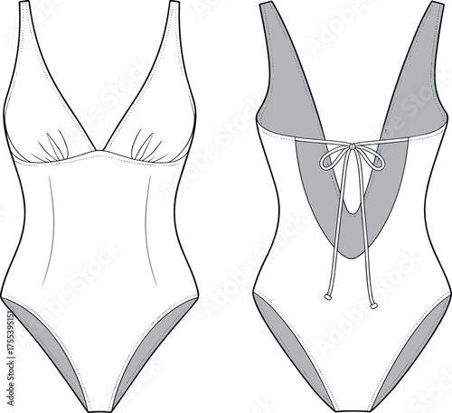 One piece swimsuit technical flat sketch, front and back view vector illustration, women’s swimwear fashion design CAD drawing template
