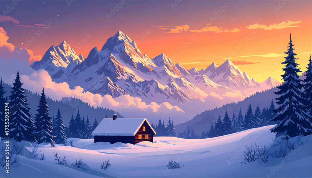 Fototapeta premium A winter paradise with snow-covered cabin and dramatic mountains. Snow-covered mountains with a cozy cabin glowing in the sunset. Peaceful mountain retreat with a cozy cabin and snowy landscape