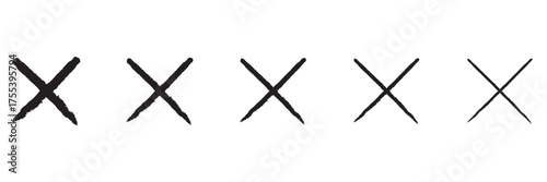 Black ink wrong signs, black paint brush stroke crosses, hand-painted wrong icons, abstract no button checkbox voting, disagree tick box symbols, vector illustration, graphic elements