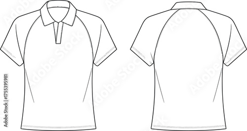 Short sleeve polo shirt technical drawing, front and back view, casual fashion vector template, unisex clothing design, flat sketch illustration