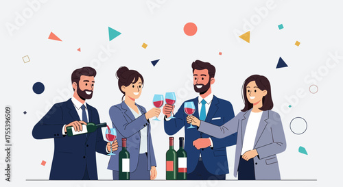 Cheers And Celebration Of Professionals With Fine Wine And Confetti Graphic Art