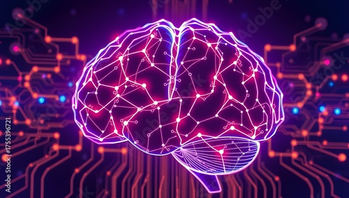 Glowing purple AI brain depicting advanced technological neural activity