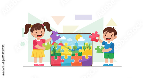 Children Cooperatively Assembling a Large Puzzle, Symbolizing Teamwork and Problem-Solving.