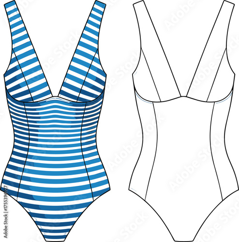 Striped women swimsuit one piece with deep v neckline stylish beachwear fashion, CAD drawing flat vector illustration design