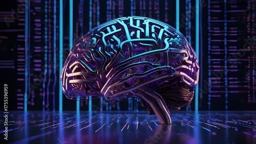 Advanced artificial brain technology with glowing digital circuit lines