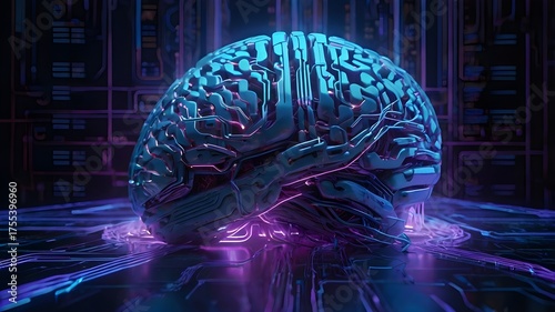 Cybernetic human brain illuminated by futuristic blue holographic lights