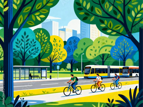 Vibrant Urban Park Landscape with People Cycling and a Modern Tram, Showcasing Green City Living and Sustainable Transportation