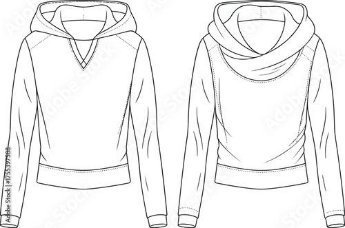 Stylish women’s hoodie technical flat sketch, V-neck and cowl neck sweatshirt vector illustration, fashion design CAD drawing template
