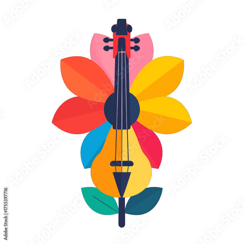 Abstract String Instrument Illustration with Vibrant Floral Accents on White Backdrop in Flat Style