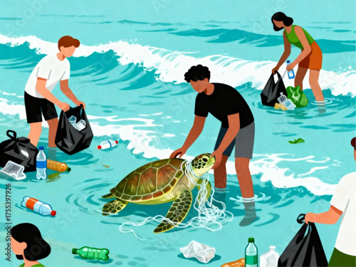 Volunteers Cleaning the Beach and Helping a Sea Turtle