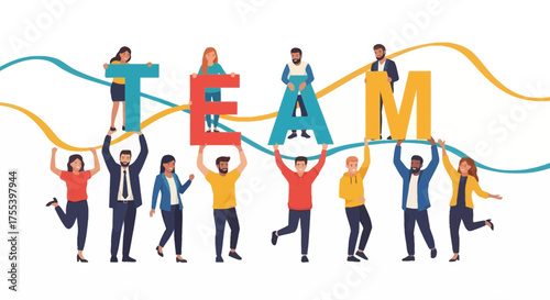Collaboration And Unity Demonstrated by Diverse Individuals Holding Team Letters Together
