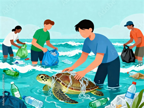 Volunteers rescue a sea turtle entangled in plastic waste during a beach cleanup