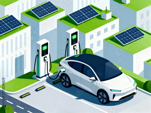 Isometric vector illustration of an electric car charging at a station in a smart city with solar panel rooftops