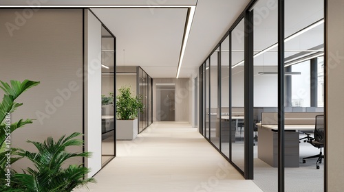 A modern office corridor featuring glass partitions, stylish furnishings, and greenery, promoting a bright and open working environment.