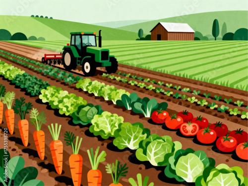 Fertile agricultural landscape with a modern green tractor cultivating bountiful rows of fresh, organic vegetables under a bright rural sky