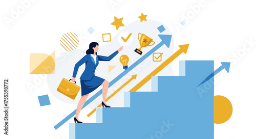 Businesswoman Ascending Staircase Towards Success and Achieving Goals in Modern Flat Design