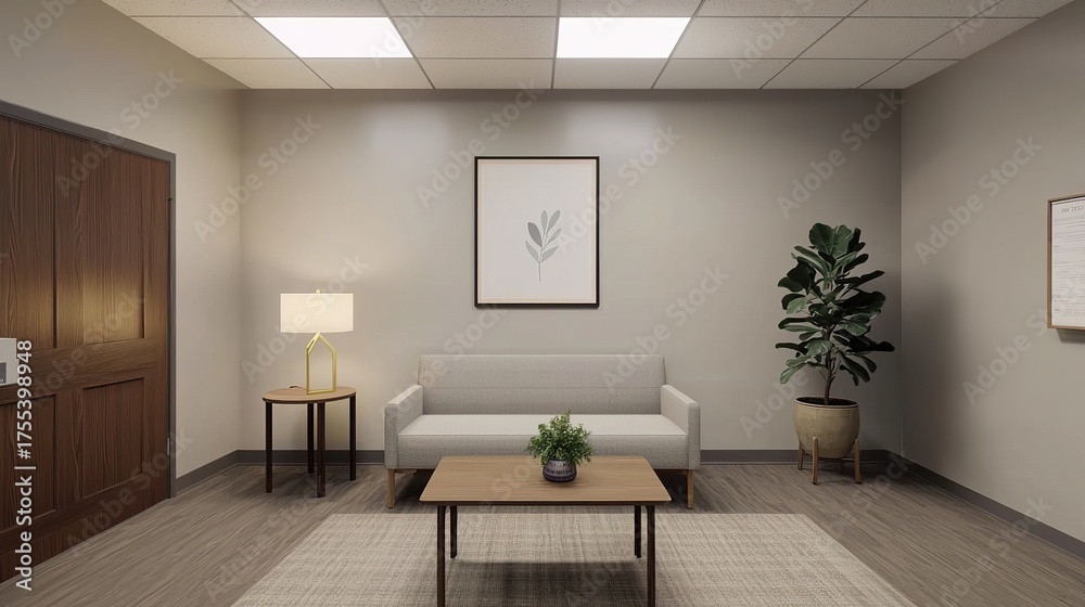 Fototapeta premium A modern, minimalist waiting room featuring a sofa, table, lamp, plant, and artwork, creating a calm and inviting atmosphere.