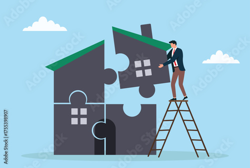 Vector illustration of a businessman standing on a ladder assembling house puzzle pieces symbolizing real estate development and property investment strategy