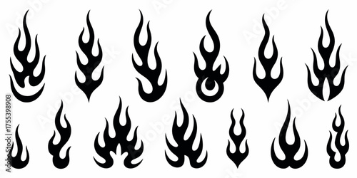 Collection of black stylized flame icons, abstract fire symbols, and heat graphics for design