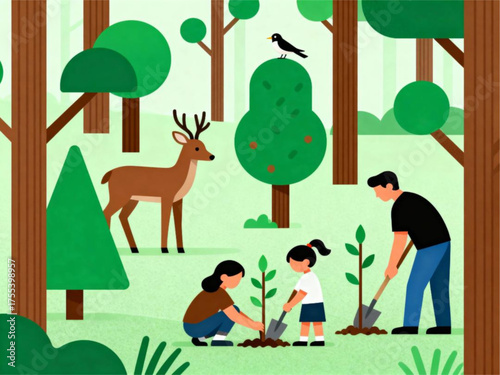 Eco-conscious family planting saplings in a forest, promoting sustainability and environmental care for the next generation
