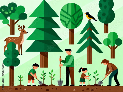 Family Planting Trees with Deer and Bird in a Nature Scene