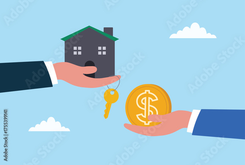 Vector illustration of hands exchanging a house and money coin, representing property buying, home selling, real estate investment, mortgage deal, and financial transaction in housing market
