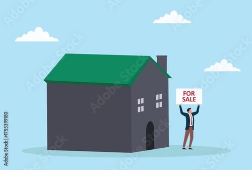 Vector illustration of a businessman holding a for sale sign in front of a house, symbolizing property selling, real estate market opportunity, housing investment, and home sale promotion
