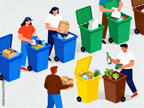Diverse individuals responsibly sorting household waste into designated recycling bins for a cleaner environment and sustainable future