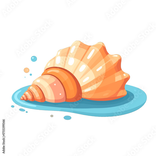 Vibrant Orange Seashell on Light Blue Pixelated Water Animated Look Isolated On White Background