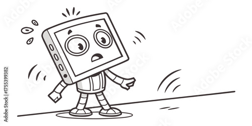 Worried Cartoon Robot With a Computer Monitor for a Head Looks Scared on the Ground