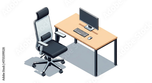 Isometric office setup featuring a modern desk, ergonomic chair, computer, keyboard, and mouse