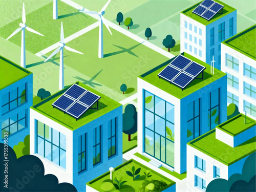 Vibrant Eco-Friendly Cityscape Illustration Showcasing Green Urban Development with Renewable Solar and Wind Energy Technologies for Sustainable Living