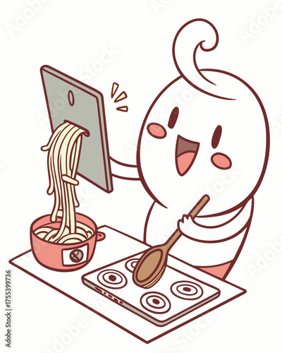 Cute Ghost Character Following Online Recipe Video to Cook Delicious Noodles