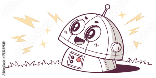 Adorable Kawaii Robot Character with Lightning Bolts and Stars Illustration