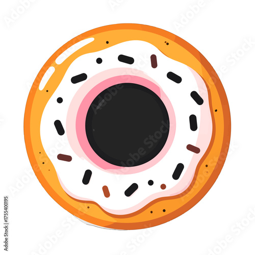 Top Down View of a Donut with White Icing and Black Sprinkles on White Background