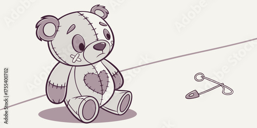 Sad teddy bear with broken heart sits alone with scattered toys