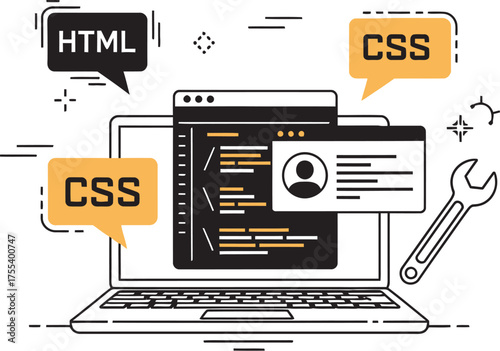 Modern web development concept with laptop, HTML, and CSS code - digital creativity and programming tools