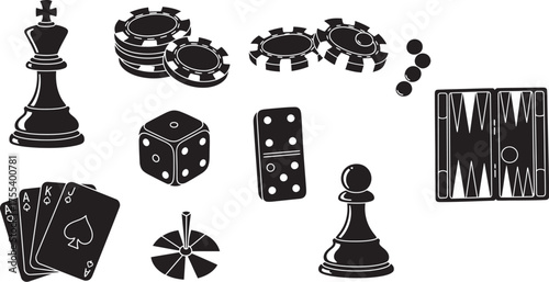 Collection of classic game piece silhouettes - Strategy and chance in entertainment