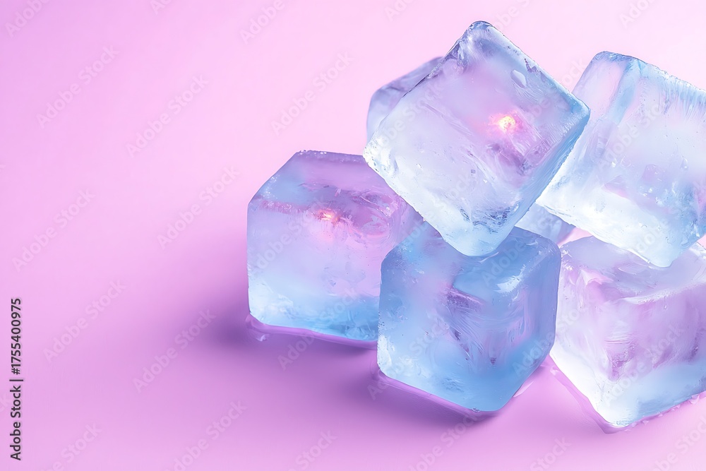 Obraz premium Colorful Ice Cubes with Soft Glow on Pink Background for Creative Design and Advertising