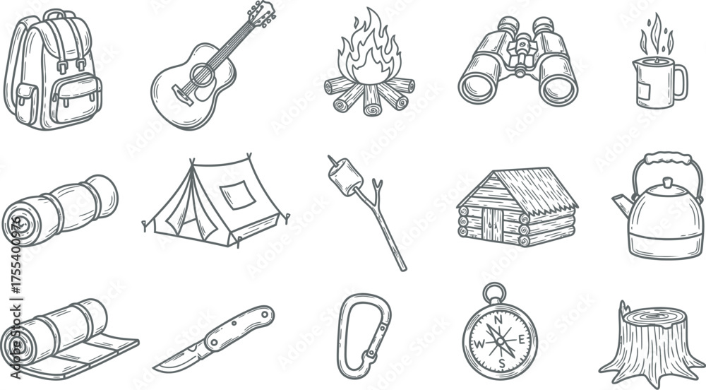 Fototapeta premium Essential hand-drawn camping and outdoor adventure icons - wilderness exploration and leisure