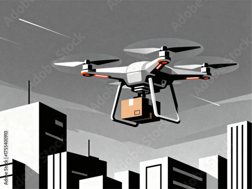 Modern logistics concept with a delivery drone flying over a city skyline
